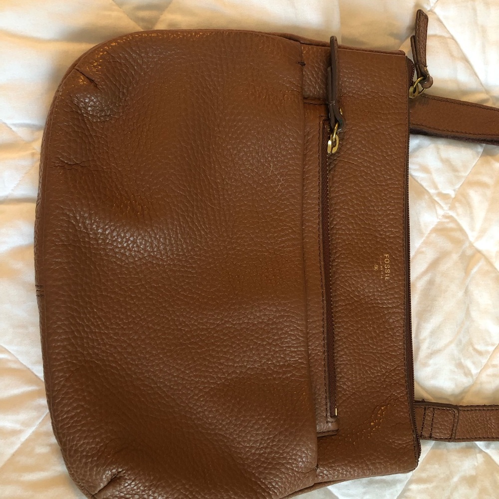 Fossil Pebbled Leather Crossbody - Cognac Brown with Gold Hardware